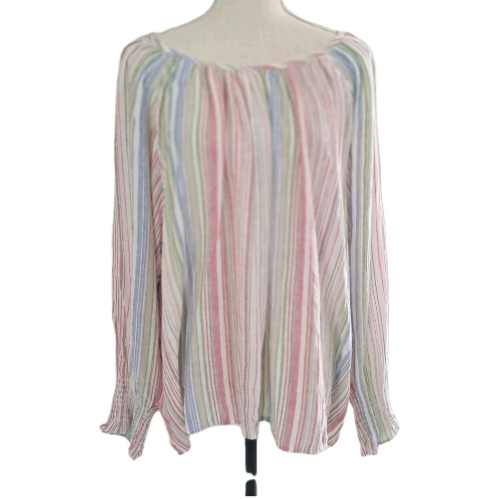 Tommy Bahama Linen Blend Top Women's XL Smocked Long Sleeve
